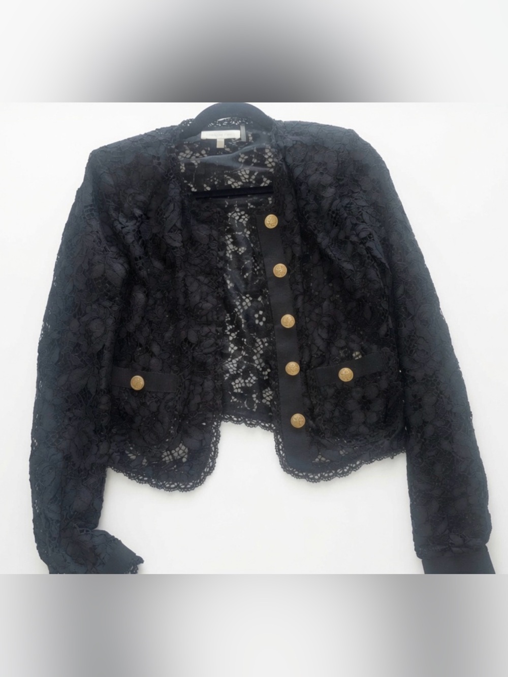 LoveShackFancy Black Lace Bolero with Gold-Tone Buttons